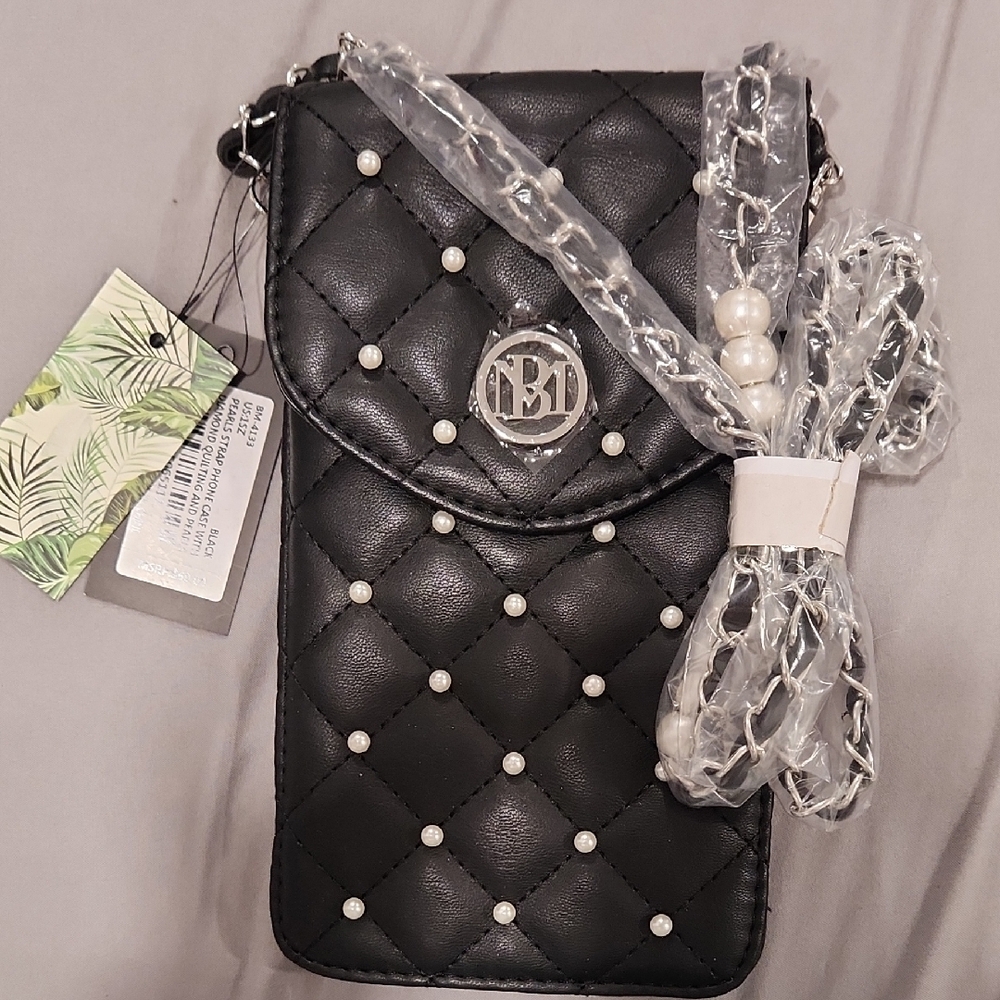 Black Quilted Crossbody Bag with Pearls